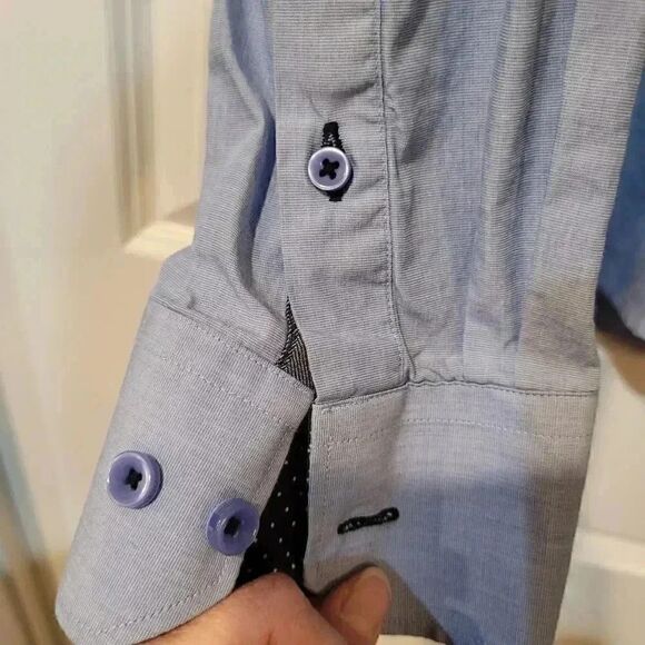 Ethan Williams Men's Blue w Polka-dot Cotton Dress Shirt EUC sz L Pit to pit 19 - Picture 6 of 8